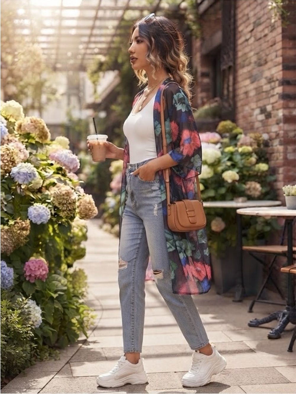 Floral Boho Open Front Kimono Cardigan 2XL Pink Blue Sheer Duster Cover Up